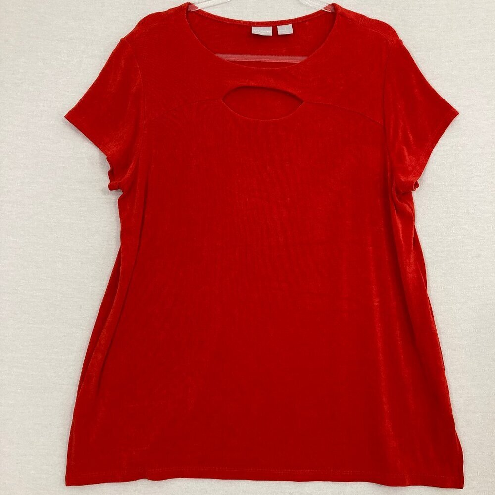 Chico's Red Velvet Short Sleeve Top with Front Keyhole